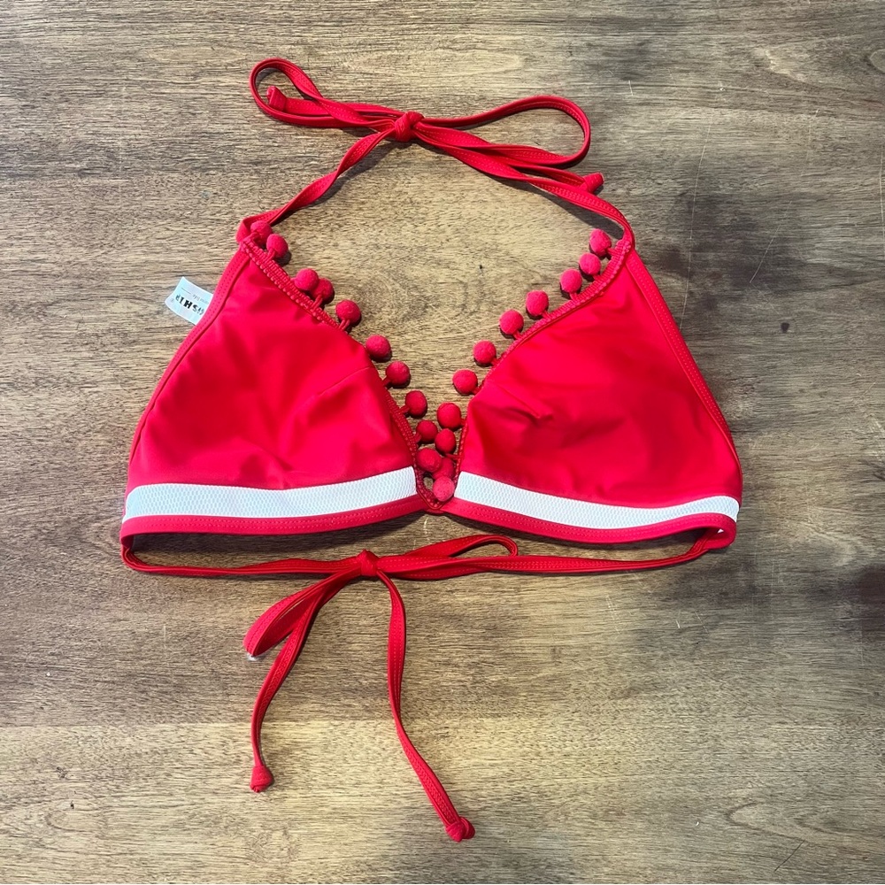 COCOSHIP Red & White Halter Bikini Top with Pom Pom Trim Size 10 - Top Only